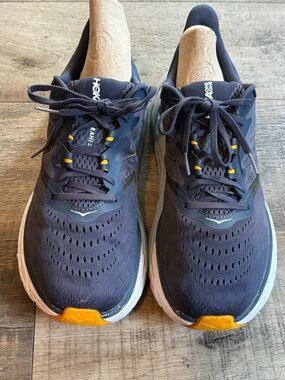 Hoka Men's Navy Blue Running Shoes with Yellow Accents